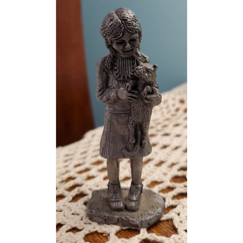 Vintage Michael Ricker Signed Pewter Figurine "Girl With Cat"
